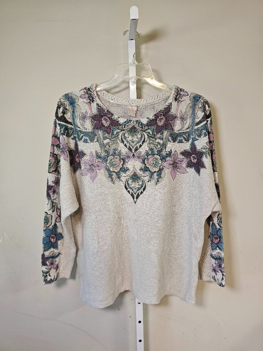 Chico's Sweater Gray Purple Floral Boho Pullover Casual XL